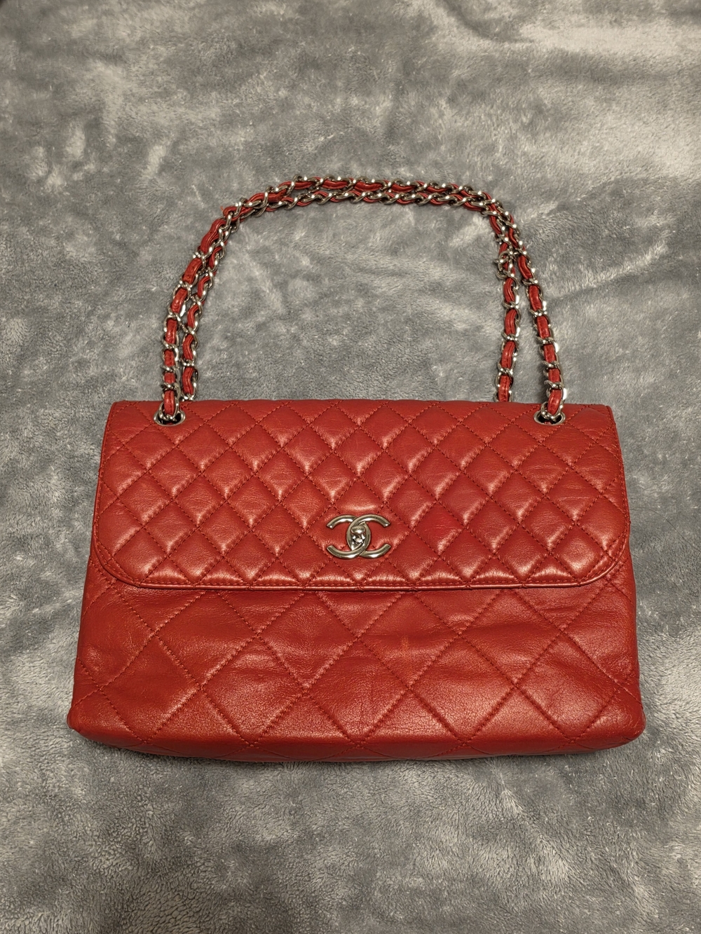 CHANEL Jumbo Red Calfskin with Silver Hardware Business Flap By Karl Lagerfeld